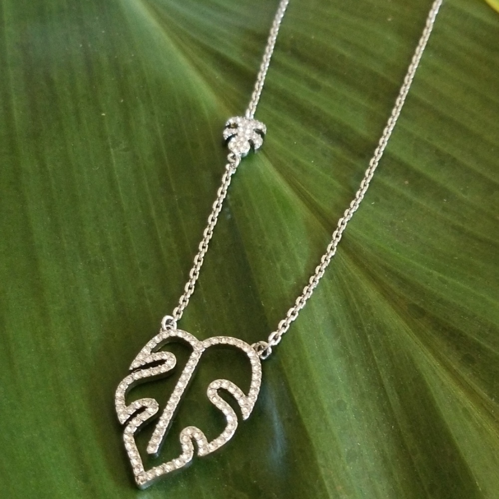 INC Silver Tone Palm Monstera Leaf Pave Rhinestone Necklace